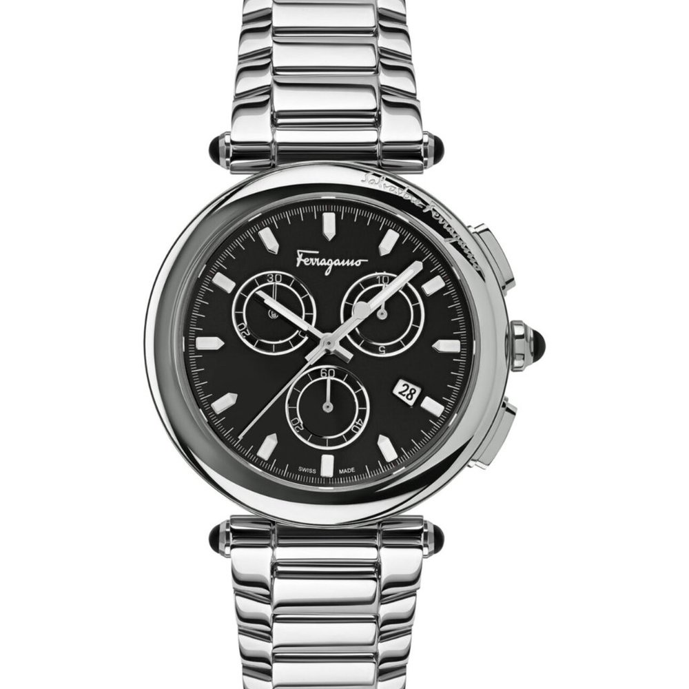 Mens Salvatore Ferragamo 42mm Silver Chrono Watch!